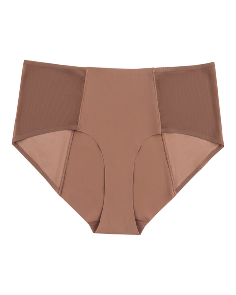 Front of a size Large Demi Seamless Mesh Panty in Toffee by Uwila Warrior. | dia_product_style_image_id:285120